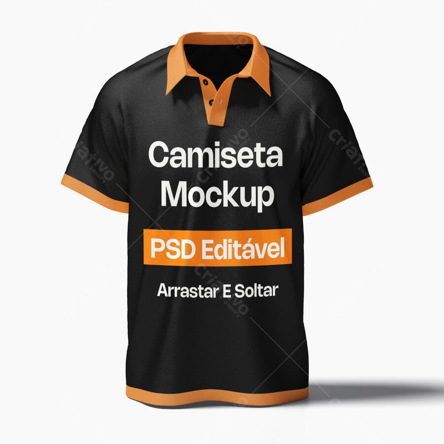 Mockup Camiseta Polo Preta Laranja Frente Fundo Branco Editável