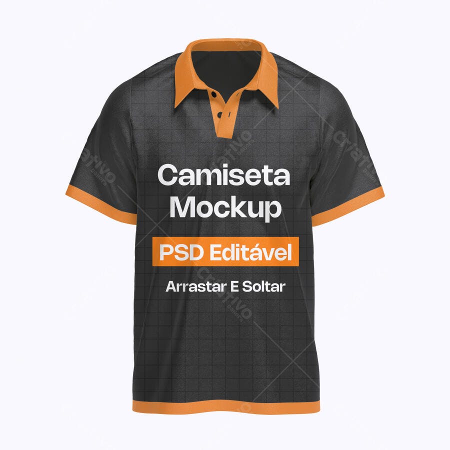 Mockup Camiseta Polo Preta Laranja Frente Fundo Branco Editável