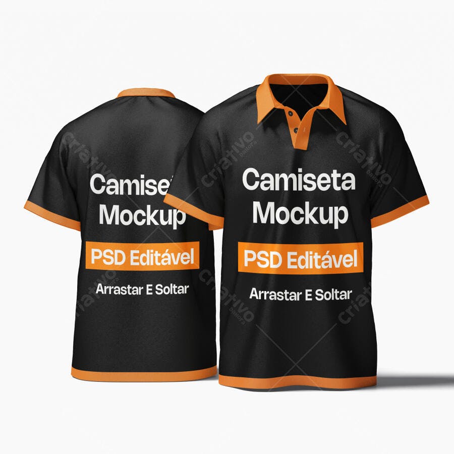 Mockup Camiseta Polo Preta Laranja Frente Verso Editável