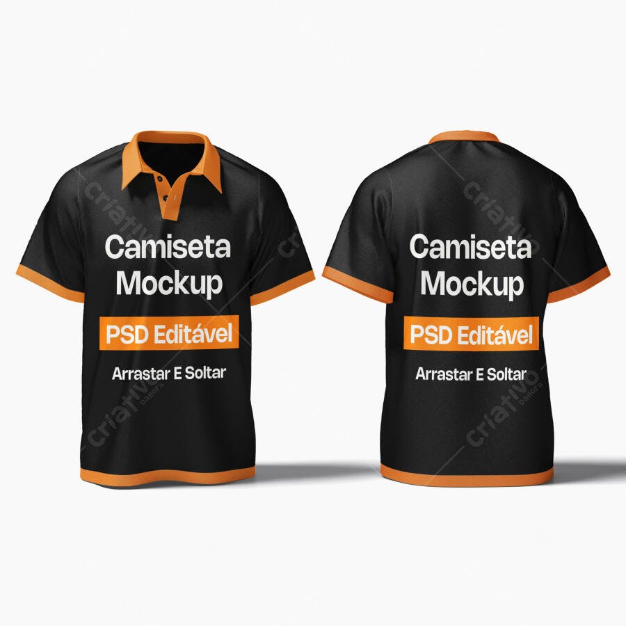 Mockup Camiseta Polo Preta Laranja Frente Verso Editável