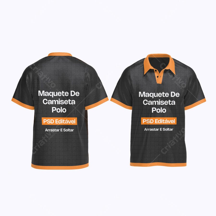 Mockup Camiseta Polo Preta Laranja Frente Verso Editável