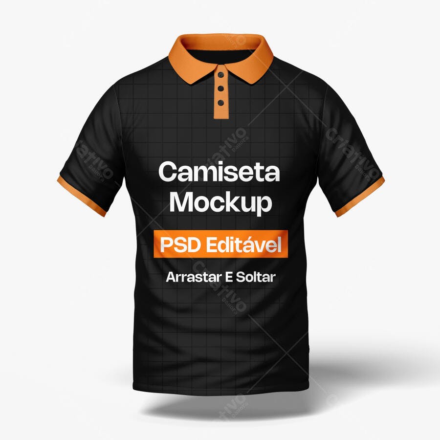 Mockup Camiseta Polo Preta Laranja Fundo Branco Editável