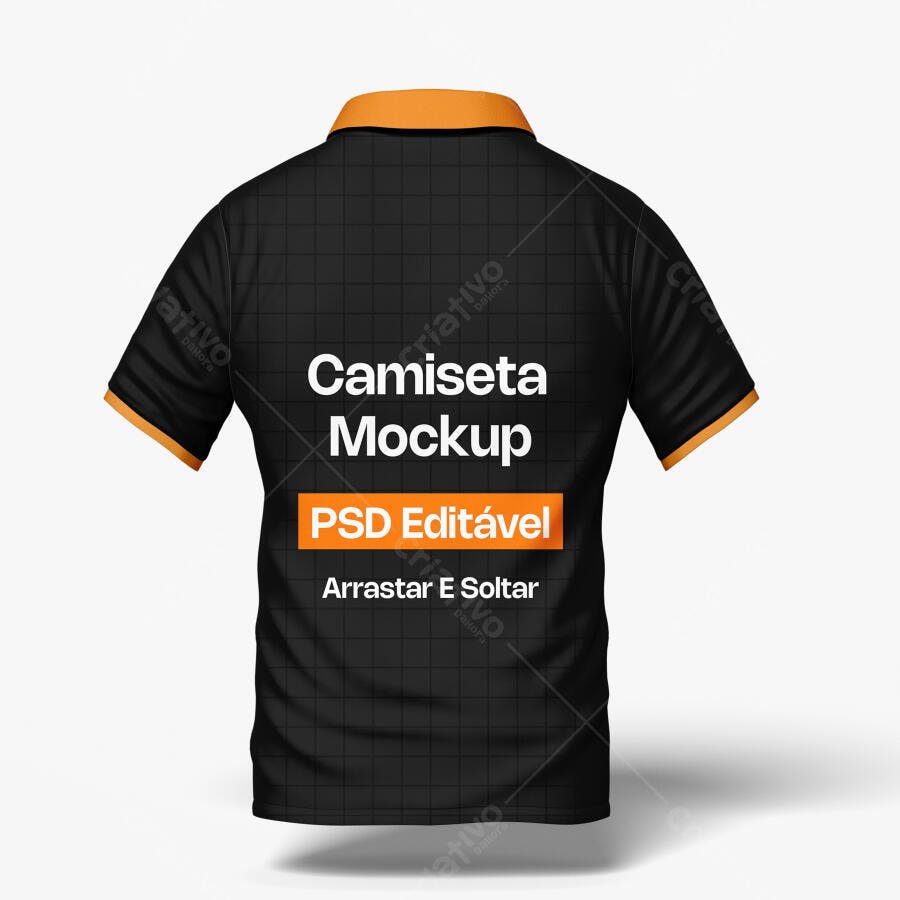 Mockup Camiseta Polo Preta Verso Gola Laranja Editável
