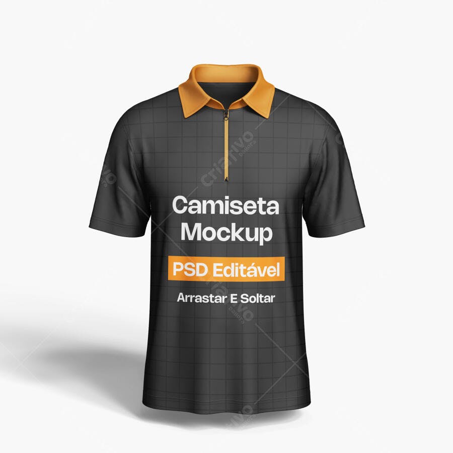 Mockup Camiseta Polo Zíper Preta Frente Fundo Branco Editável