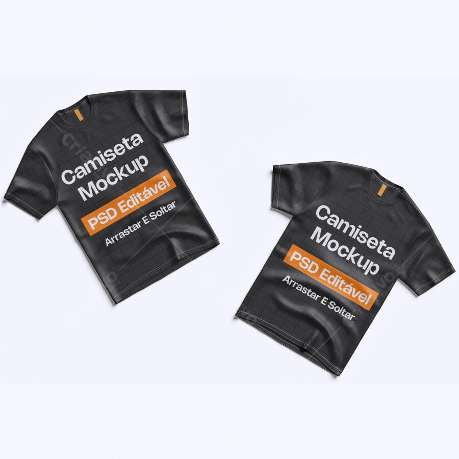 Mockup Camiseta Preta Dupla Flat Lay Fundo Branco Editável
