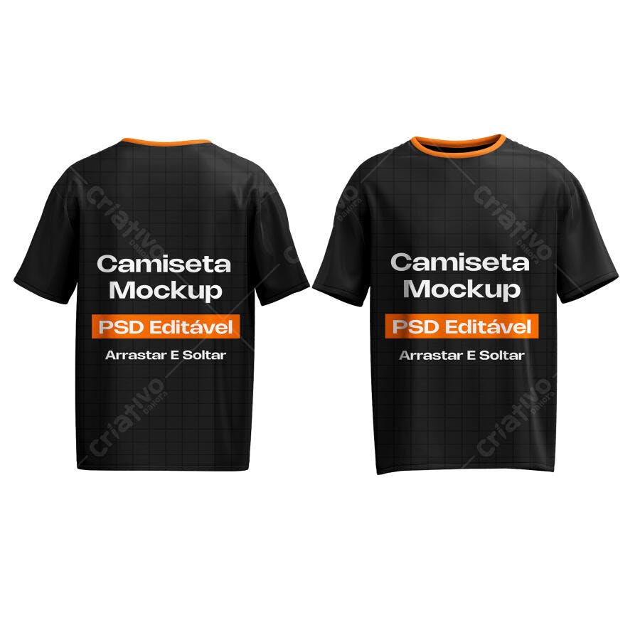 Mockup Camiseta Preta Frente e Costas Gola Laranja Editável