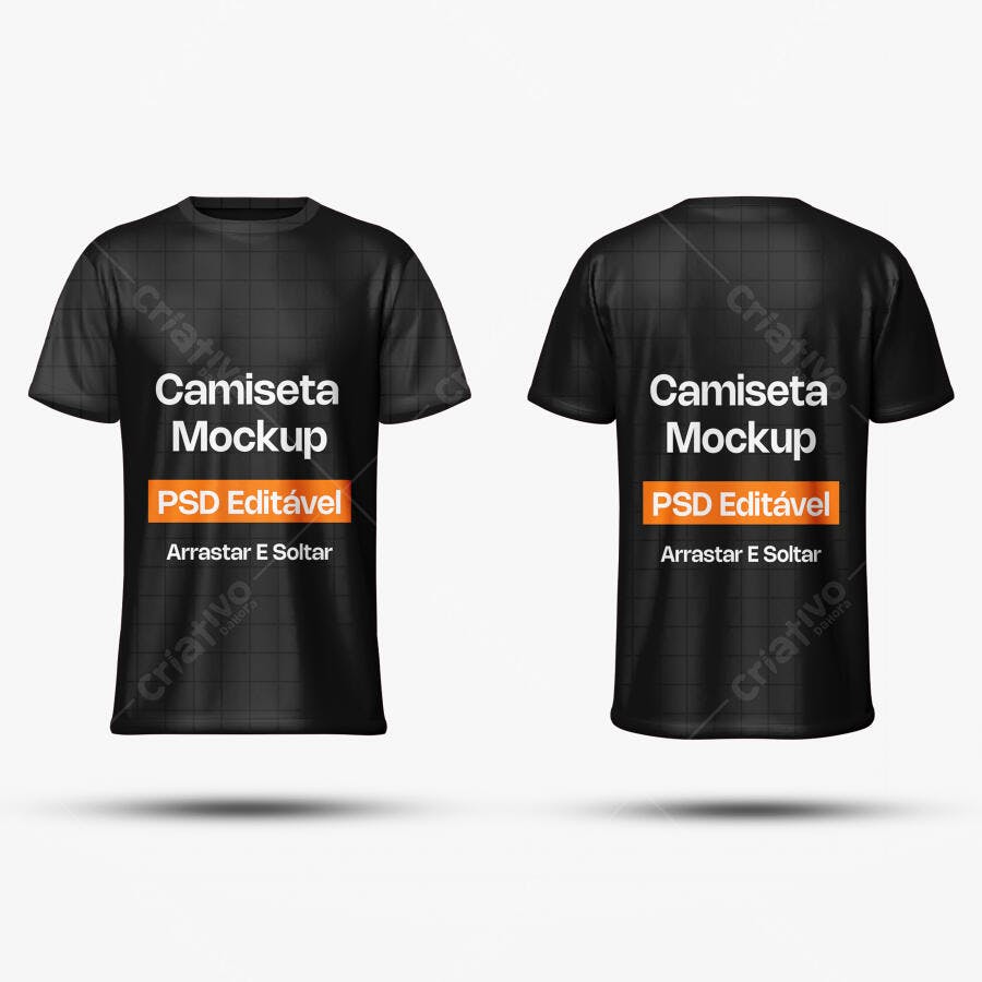 Mockup Camiseta Preta Frente e Verso Fundo Branco Editável