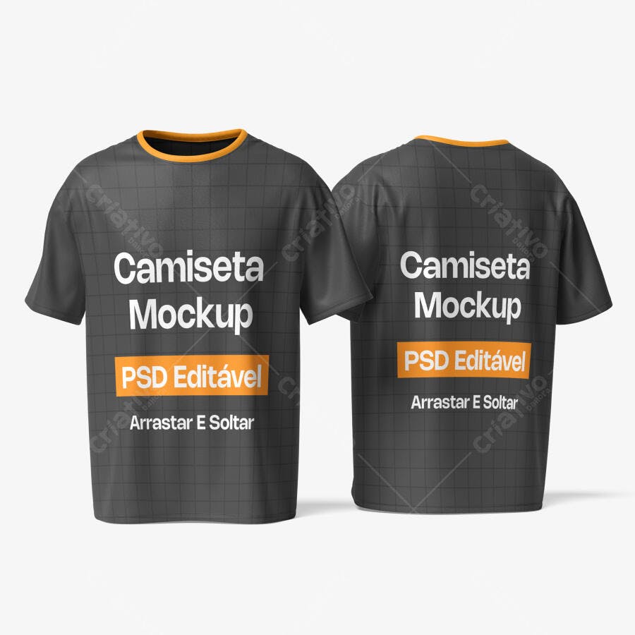 Mockup Camiseta Preta Frente e Verso Gola Laranja Editável