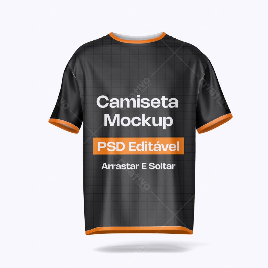 Mockup Camiseta Preta Frente Gola Laranja Fundo Branco Editável