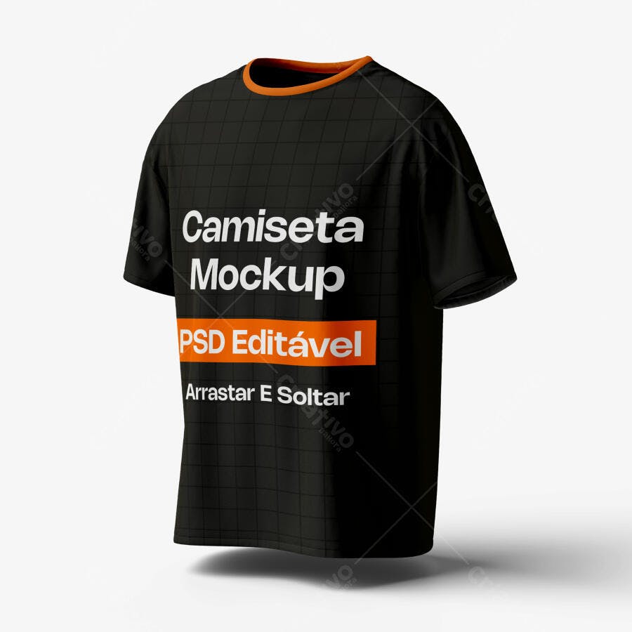 Mockup Camiseta Preta Gola Laranja 3/4 Fundo Branco Editável