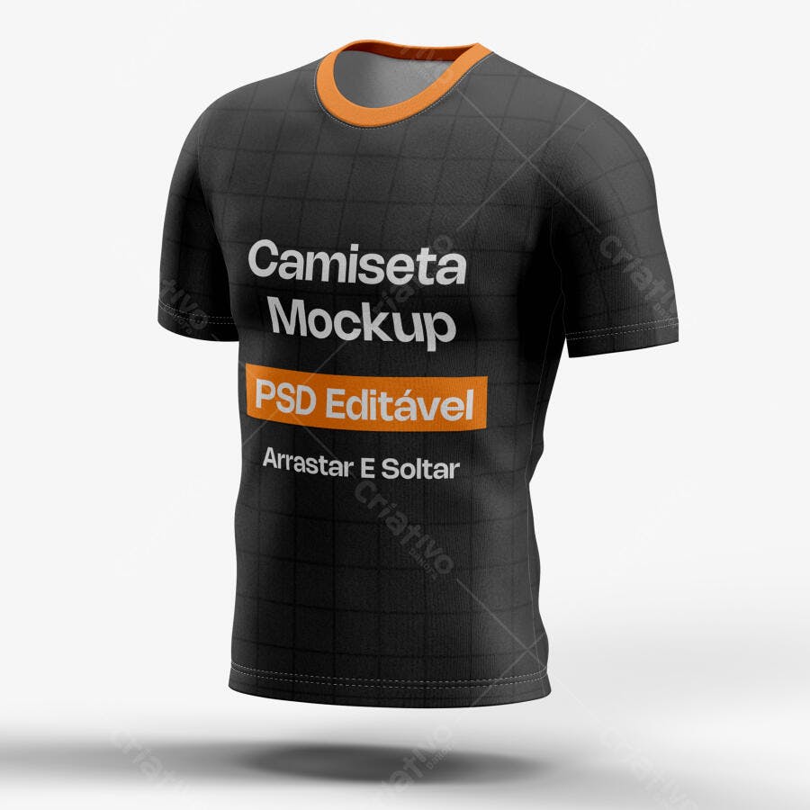 Mockup Camiseta Preta Gola Laranja 3/4 Fundo Branco Editável