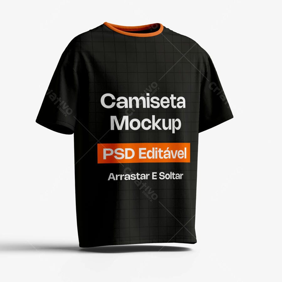 Mockup Camiseta Preta Gola Laranja 3/4 Fundo Branco Editável
