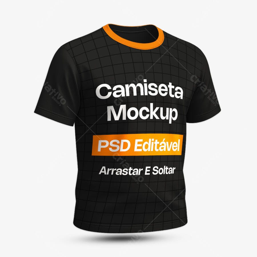 Mockup Camiseta Preta Gola Laranja Frente Editável