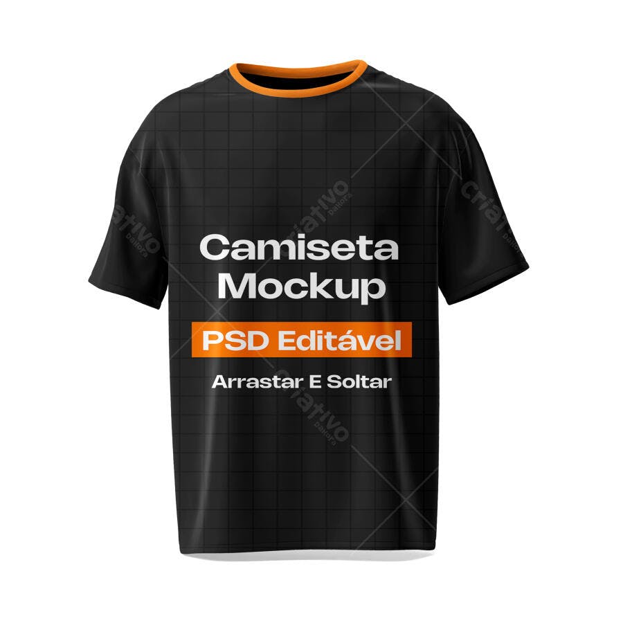 Mockup Camiseta Preta Gola Laranja Frente Editável
