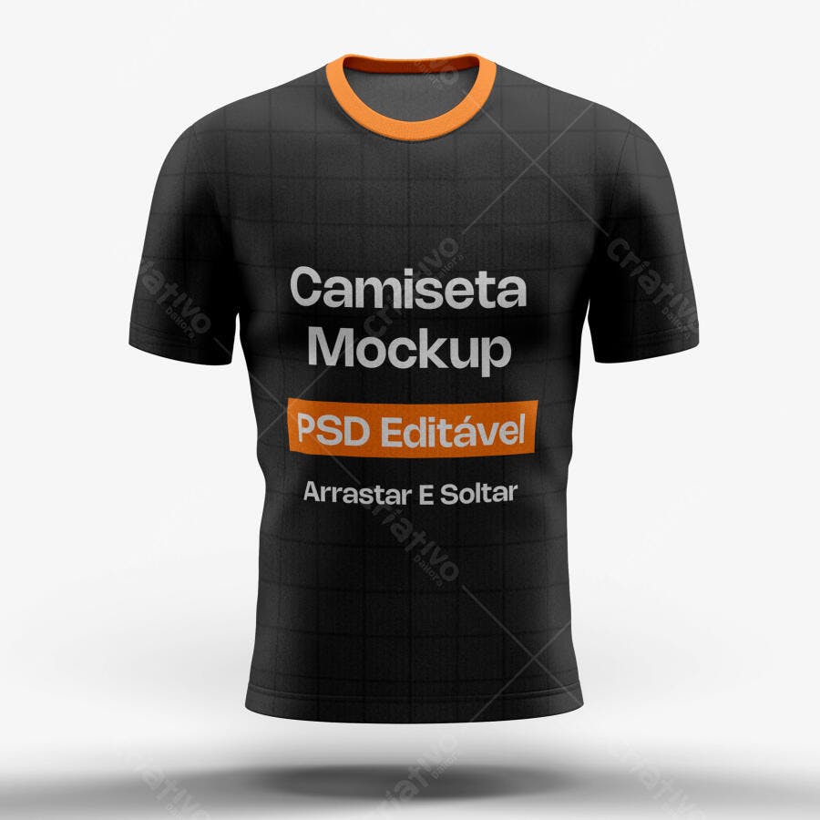 Mockup Camiseta Preta Gola Laranja Frente Fundo Branco Editável
