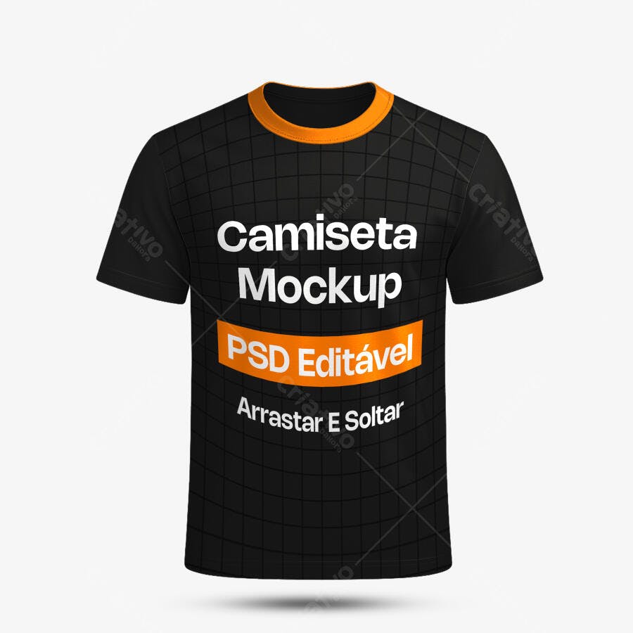 Mockup Camiseta Preta Gola Laranja Frente Fundo Branco Editável