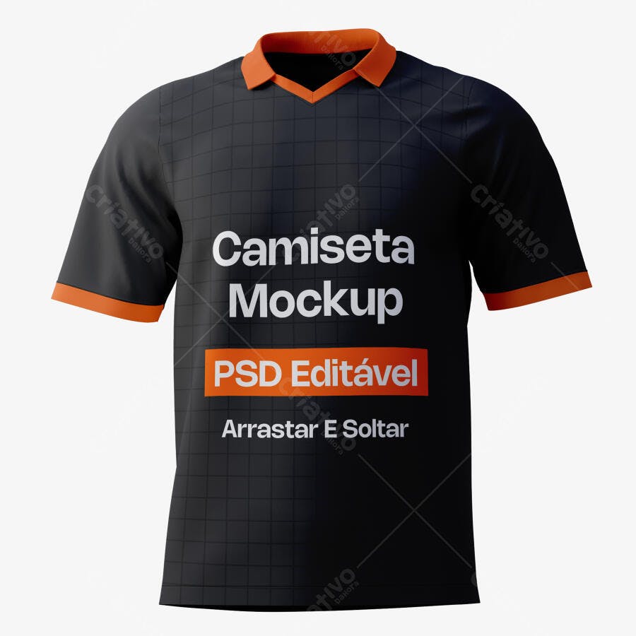 Mockup Camiseta Preta Gola V Laranja Frontal Editável
