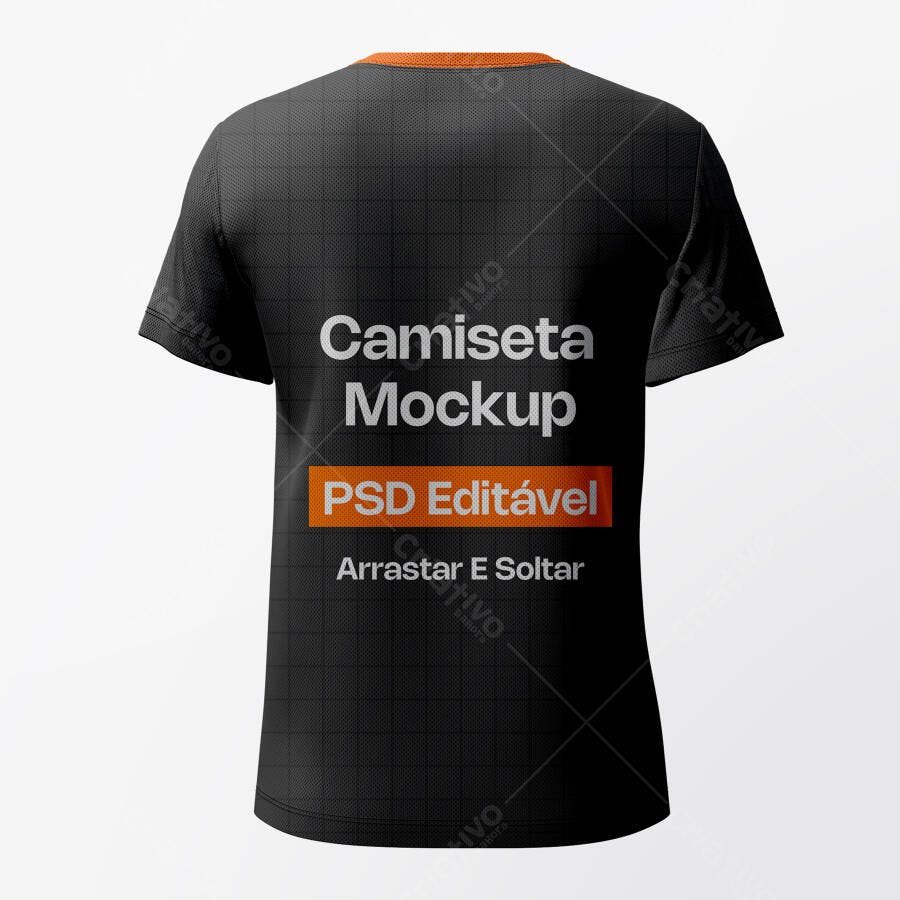 Mockup Camiseta Preta Verso Gola Laranja Fundo Branco Editável