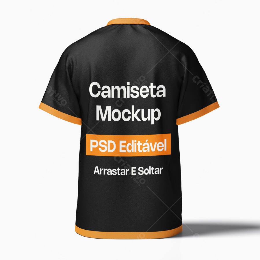 Mockup Camiseta Preta Verso Gola Laranja Fundo Branco Editável