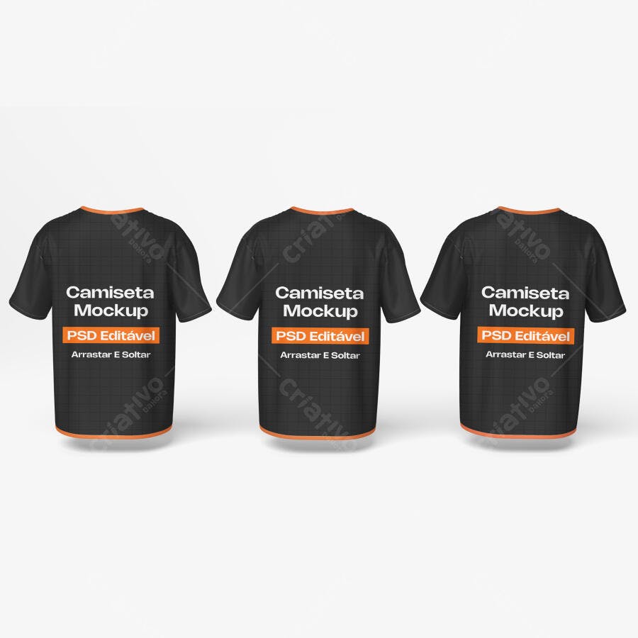 Mockup Camiseta Preta Verso Três Unidades Fundo Branco Editável