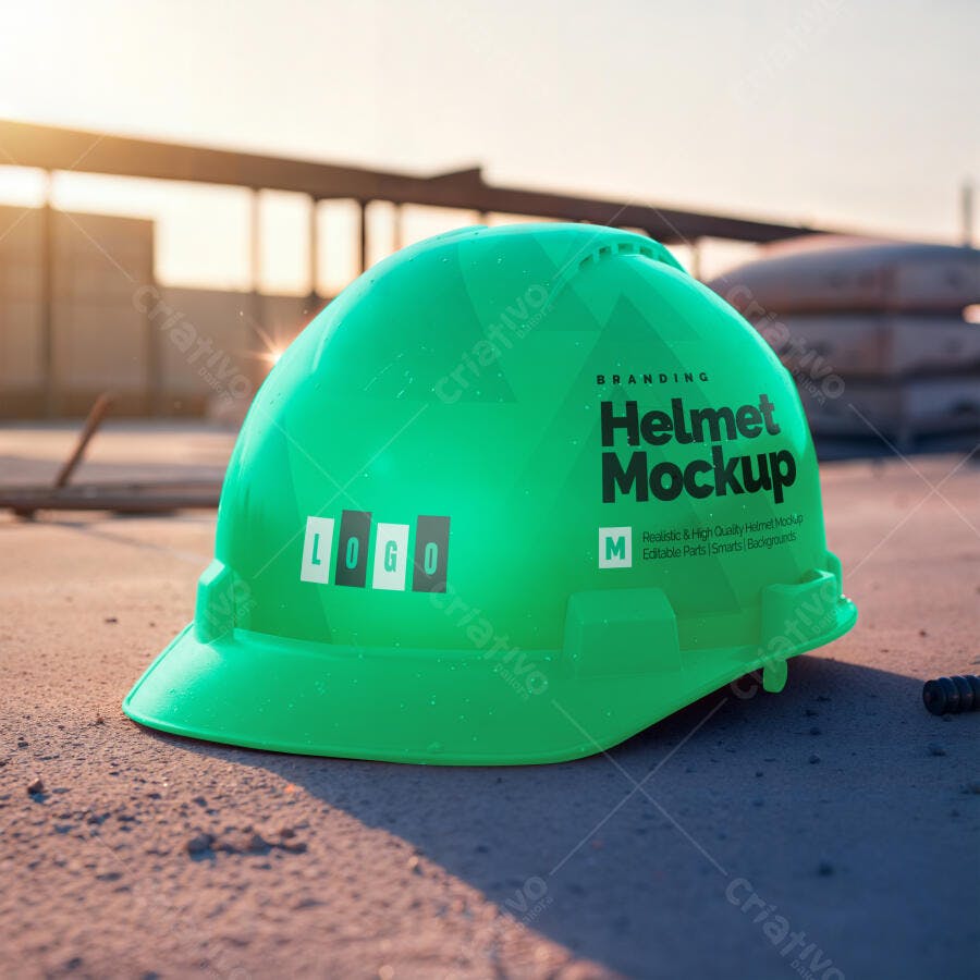 Mockup Capacete Verde Construção Canteiro Obras Editável