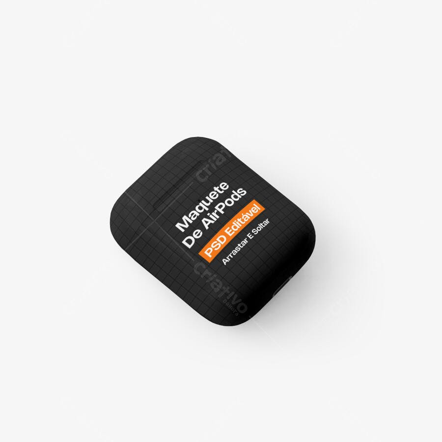 Mockup Case AirPods Preto Fundo Branco 3/4 Editável