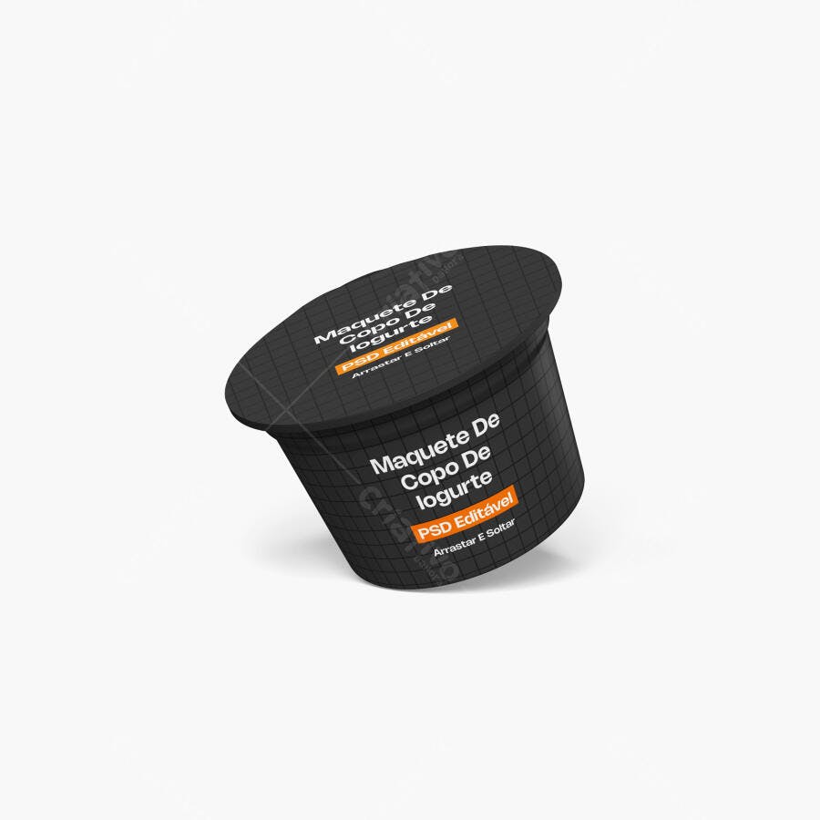 Mockup Copo Iogurte Plástico Preto Fundo Branco Editável