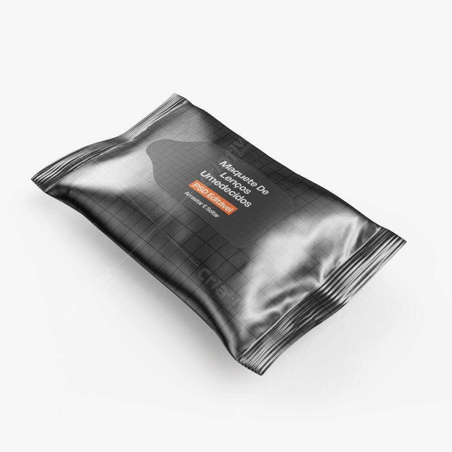 Mockup Embalagem Lenços Umedecidos Plástico 3/4 Editável