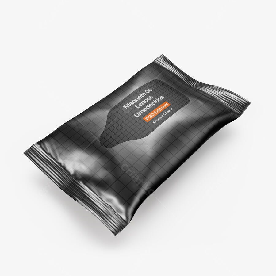 Mockup Embalagem Lenços Umedecidos Plástico Fundo Branco Editável
