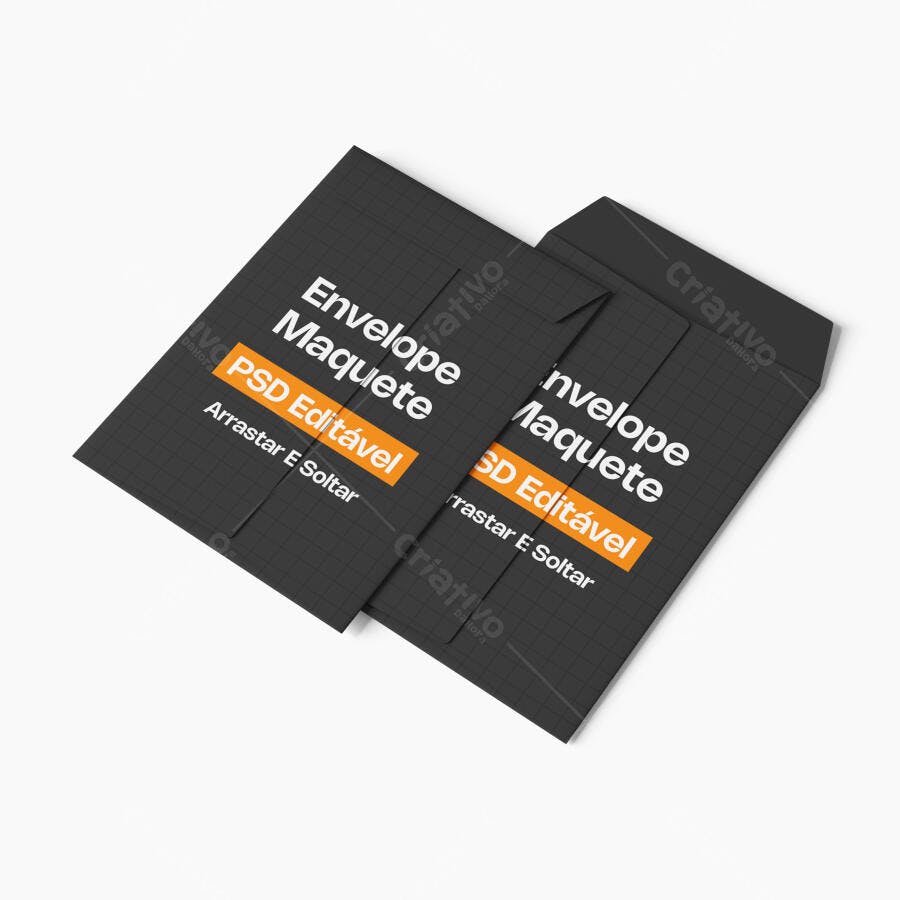 Mockup Envelope Papel Preto 3/4 Fundo Branco Editável