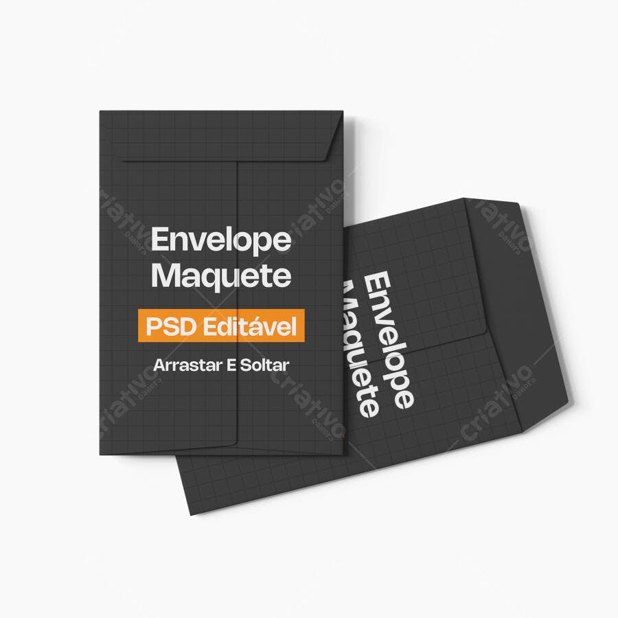 Mockup Envelope Papel Preto Fundo Branco Editável