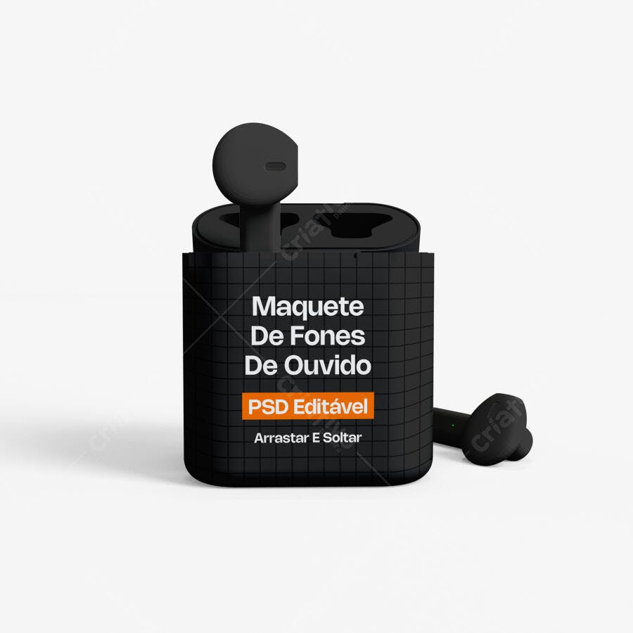 Mockup Fones de Ouvido Sem Fio Preto Estojo Editável