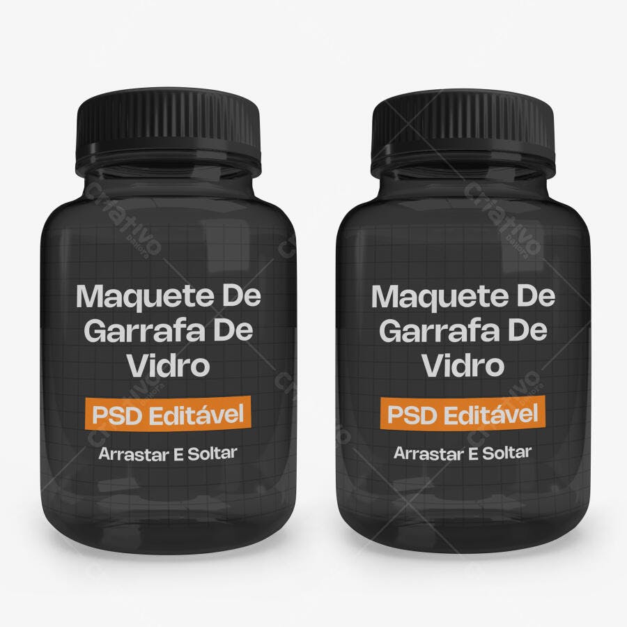 Mockup Garrafa de Vidro Escuro Suplementos Frontal Editável