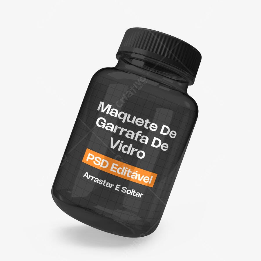 Mockup Garrafa de Vidro Preta Suplemento Fundo Branco Editável
