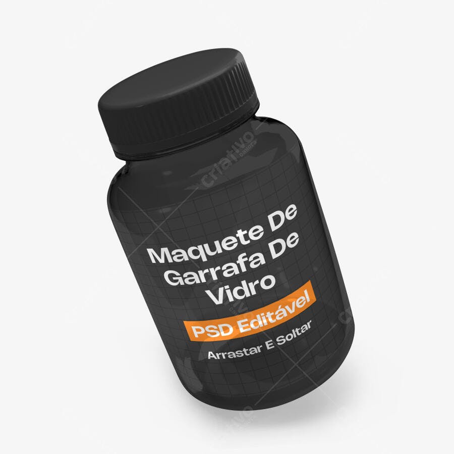 Mockup Garrafa de Vidro Preta Suplemento Fundo Branco Editável