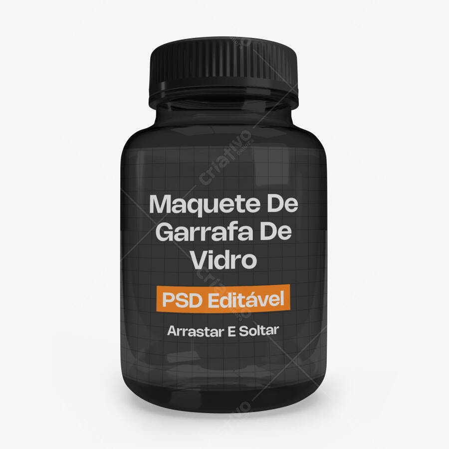 Mockup Garrafa Vidro Preta Frontal Fundo Branco Editável