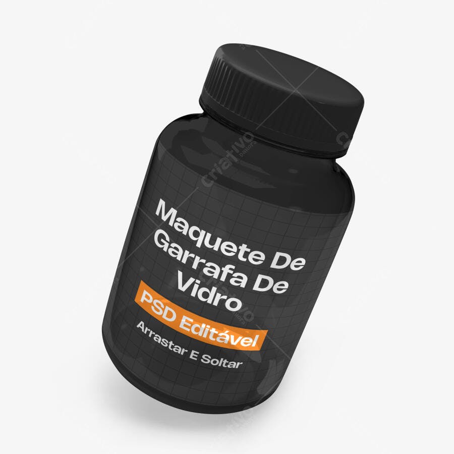 Mockup Garrafa Vidro Preta Suplementos Fundo Branco Editável