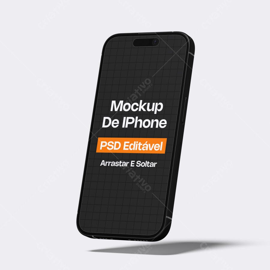 Mockup iPhone Flutuante 3/4 Fundo Branco Editável