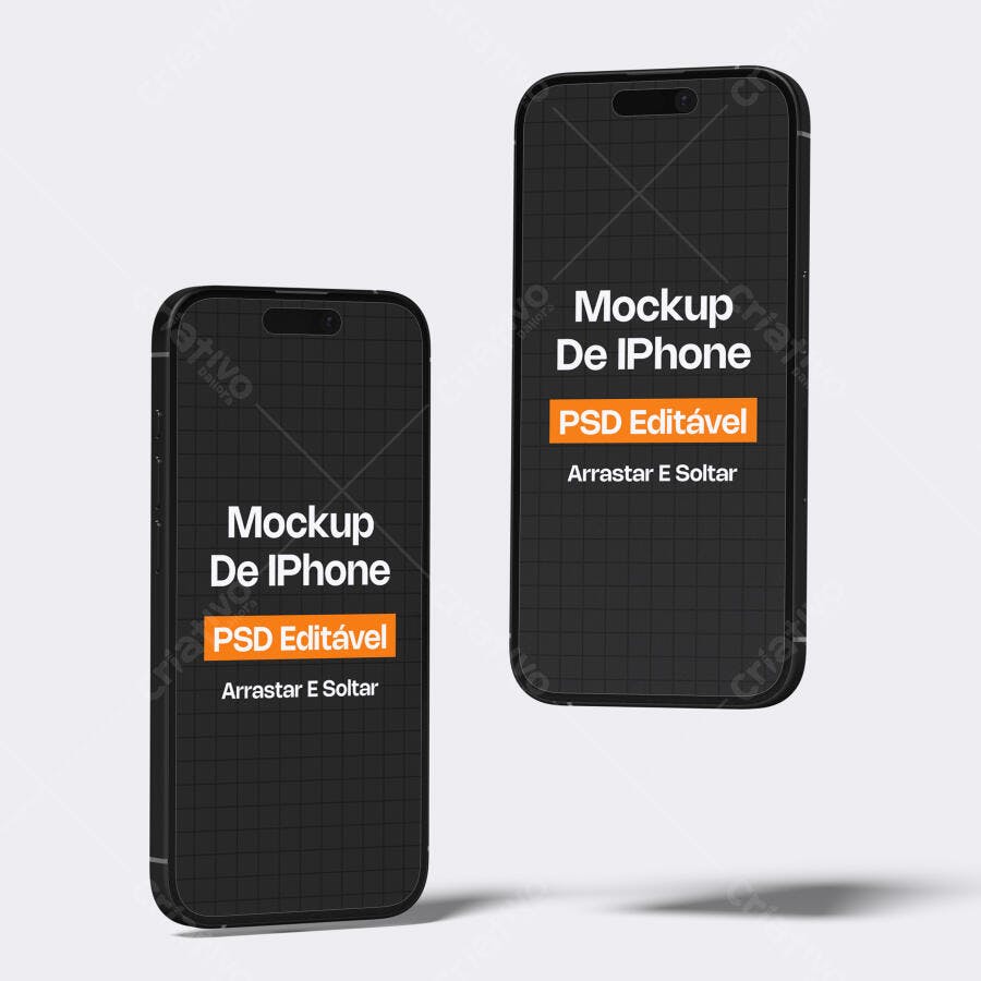 Mockup iPhone Flutuante Duplo Fundo Branco Editável