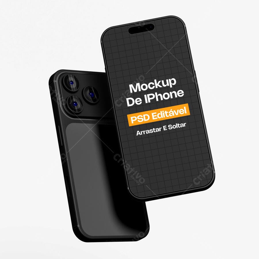 Mockup iPhone Preto Flutuante Fundo Branco Editável