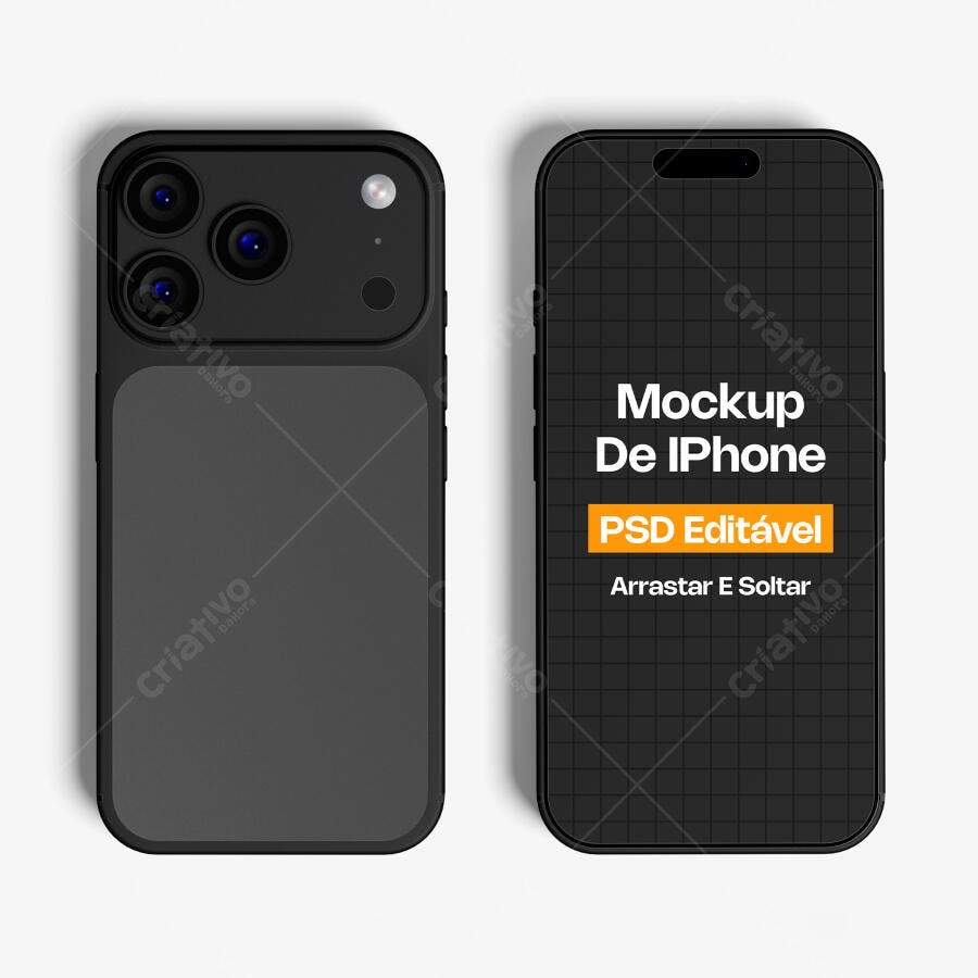 Mockup iPhone Preto Frente Verso Fundo Branco Editável