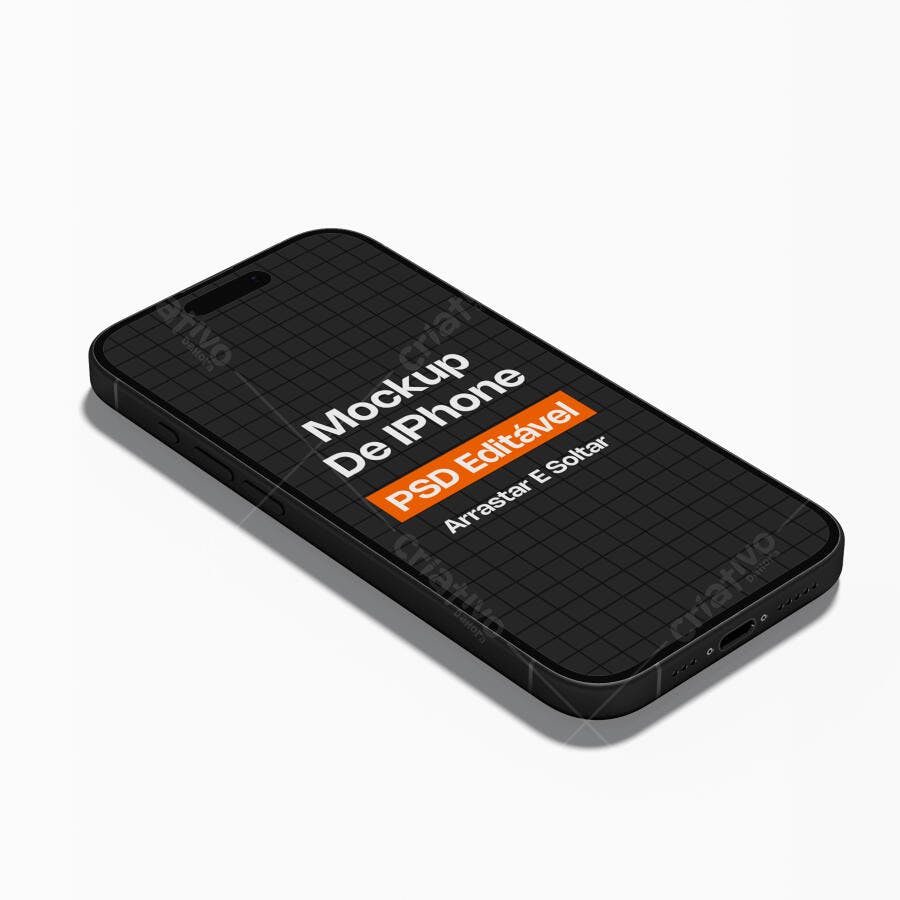 Mockup iPhone Preto Isométrico Fundo Branco Editável