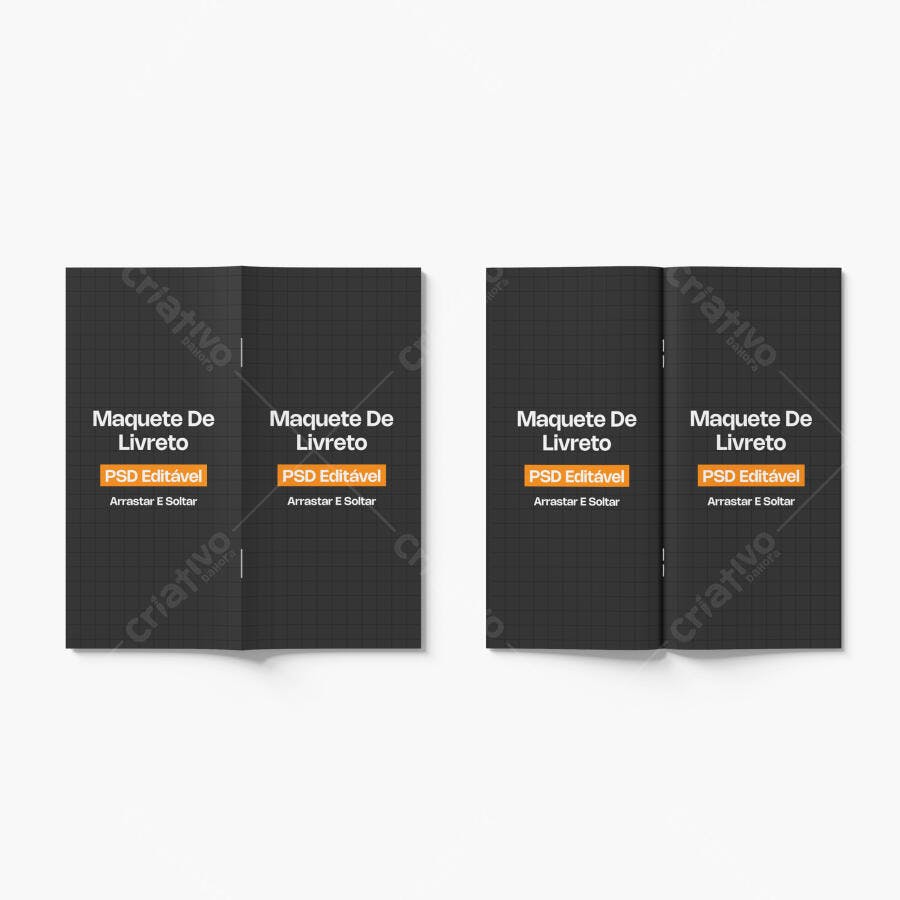 Mockup Livreto Brochura Aberto e Fechado Fundo Branco Editável