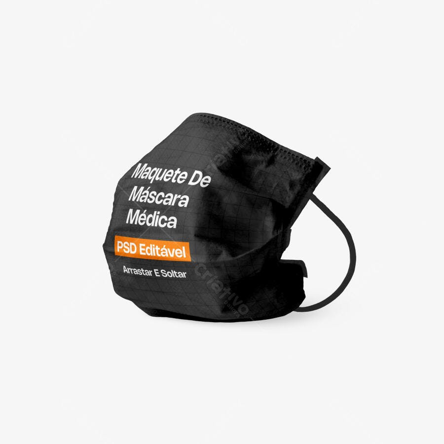 Mockup Máscara Cirúrgica Preta 3/4 Fundo Branco Editável