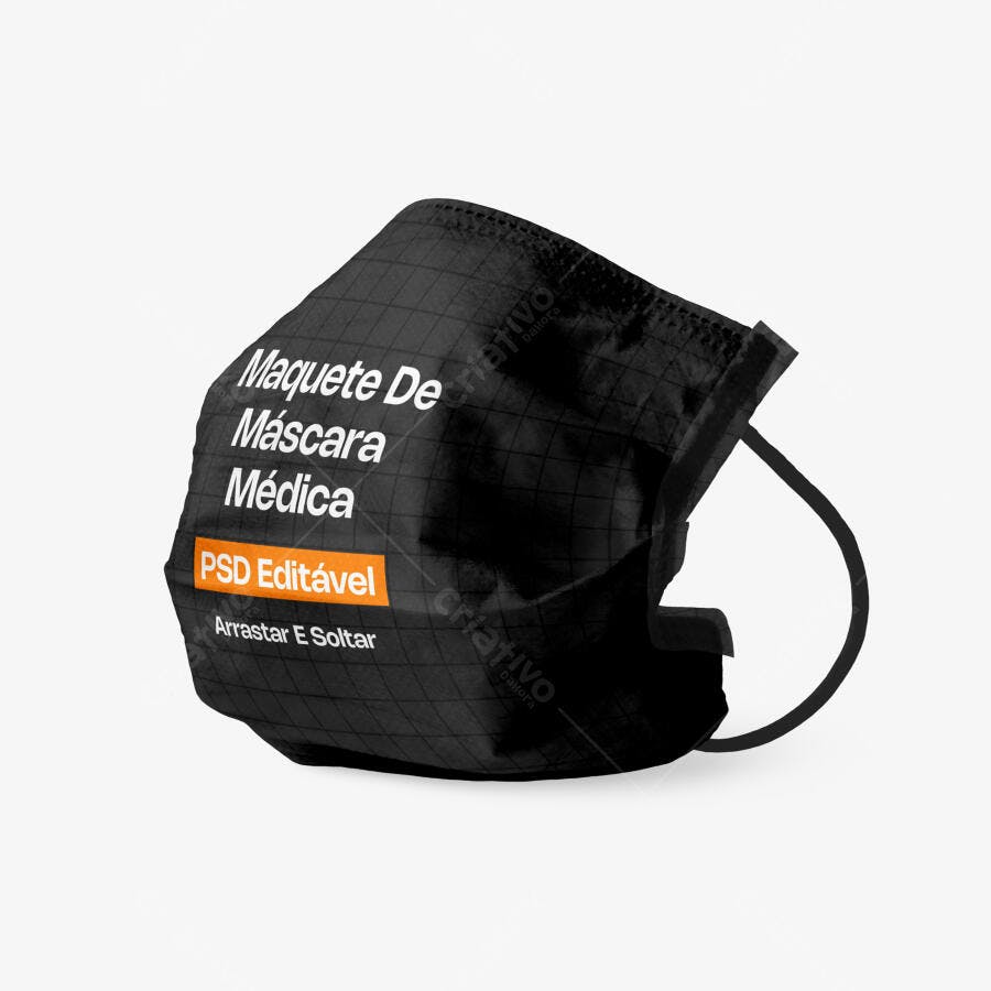 Mockup Máscara Médica Preta 3/4 Fundo Branco Editável