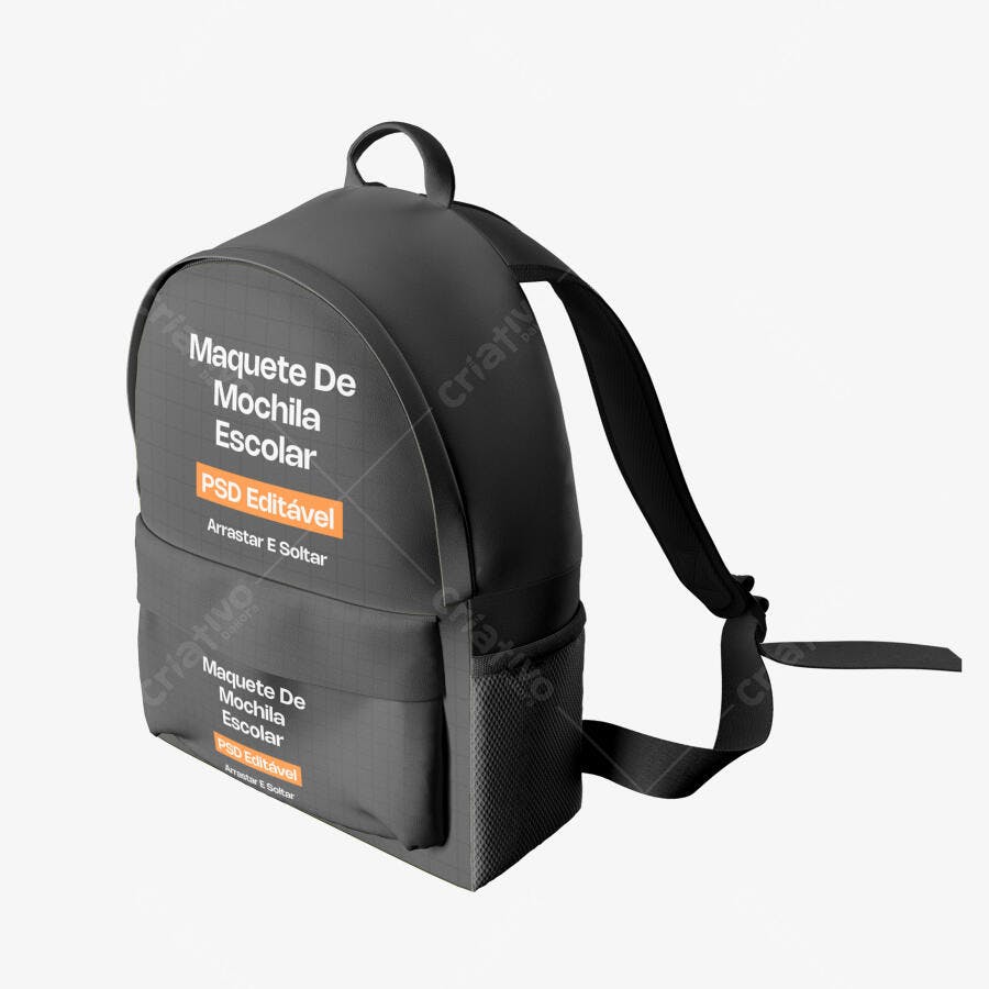 Mockup Mochila Escolar Preta 3/4 Fundo Branco Editável