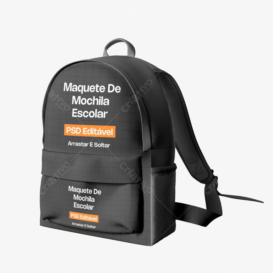 Mockup Mochila Escolar Preta 3/4 Fundo Branco Editável