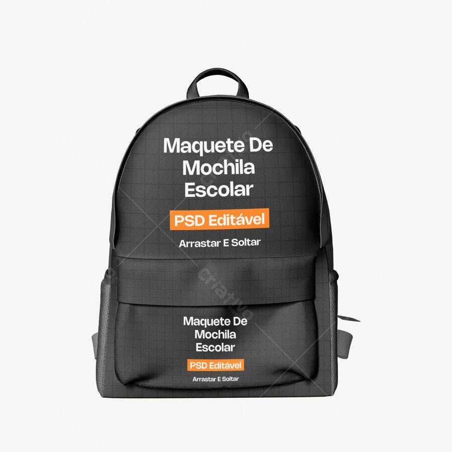 Mockup Mochila Escolar Preta Frontal Fundo Branco Editável