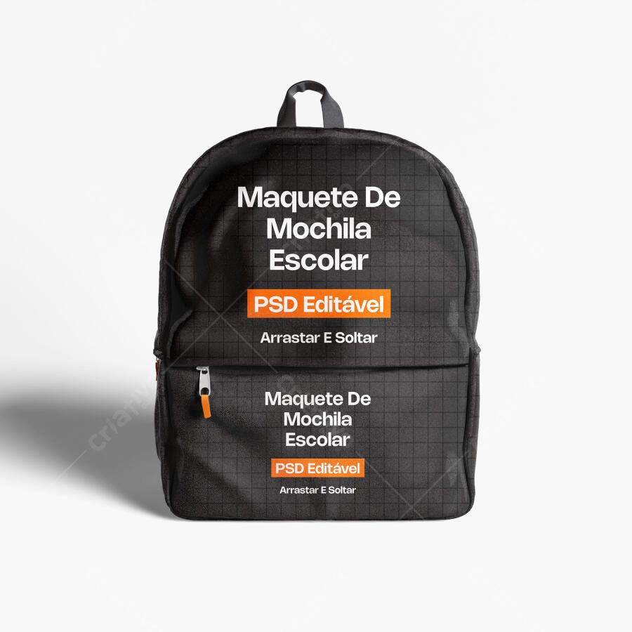 Mockup Mochila Escolar Preta Frontal Fundo Branco Editável