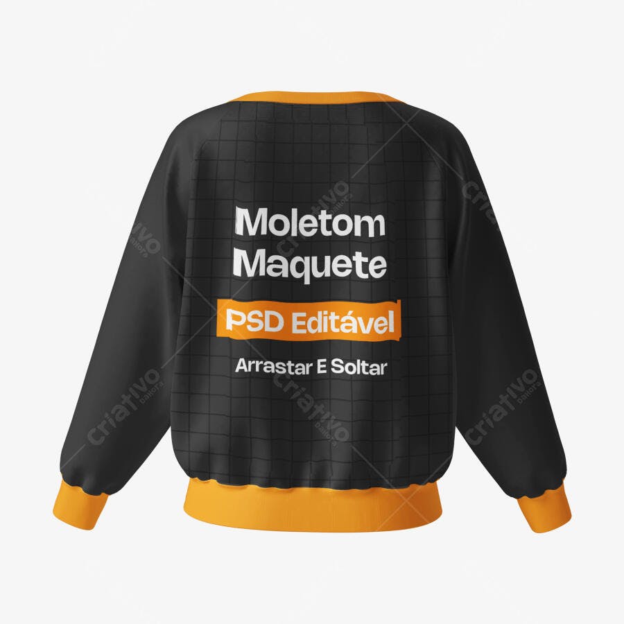 Mockup Moletom Preto e Laranja Costas Fundo Branco Editável